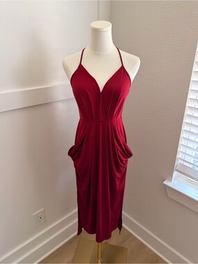 BCBGeneration Deep Red Pleated Draped Midi Dress – Size XS